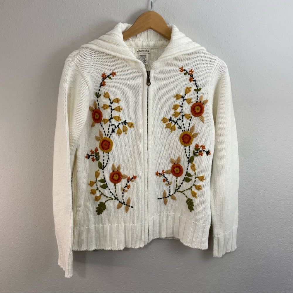 St John’s‎ Bay Vintage Floral Embroidered Full Zip White Sweater Womens Medium